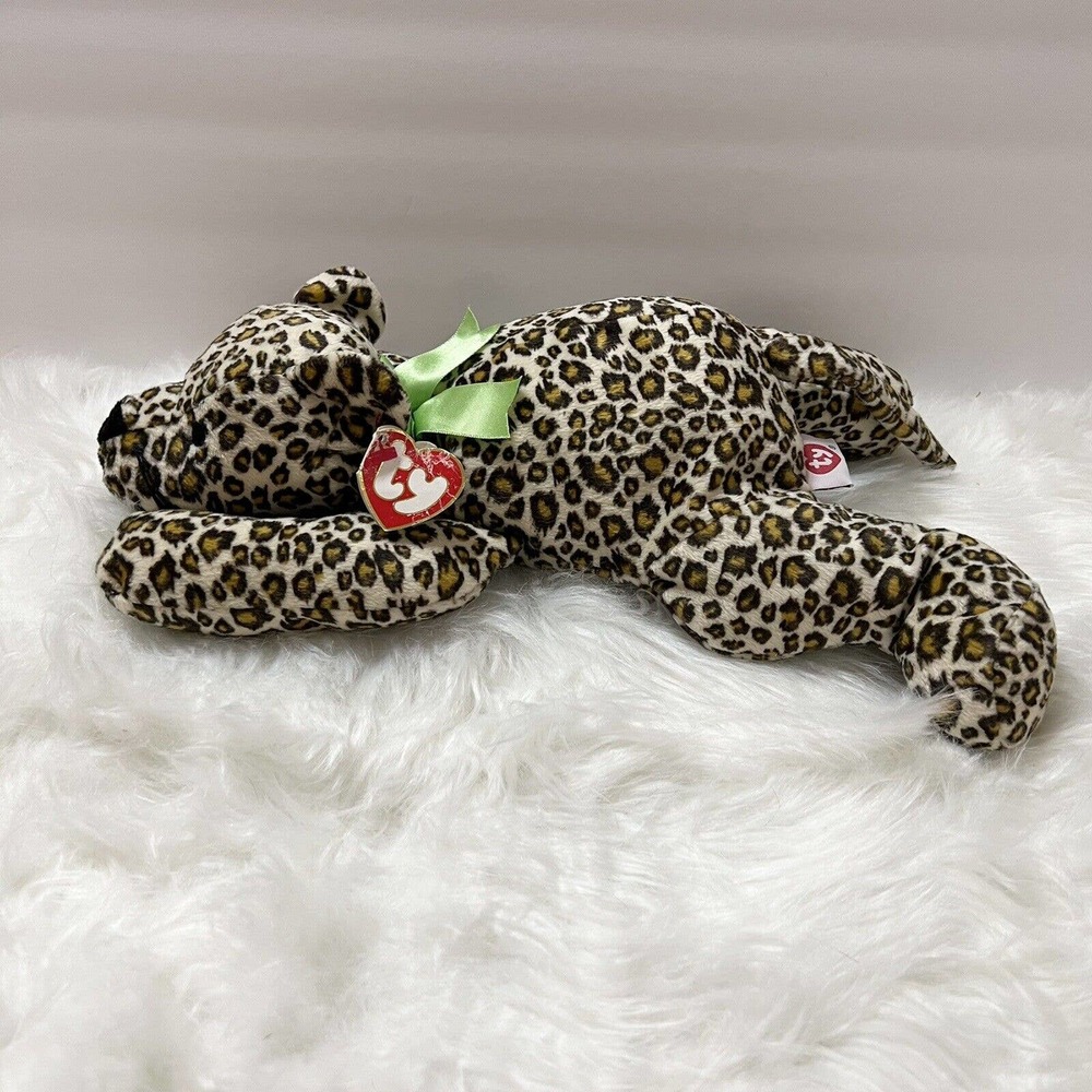 TY Pillow Pal SPECKLES Leopard Plush Green Bow1996 Cheetah Stuffed Animal 13"